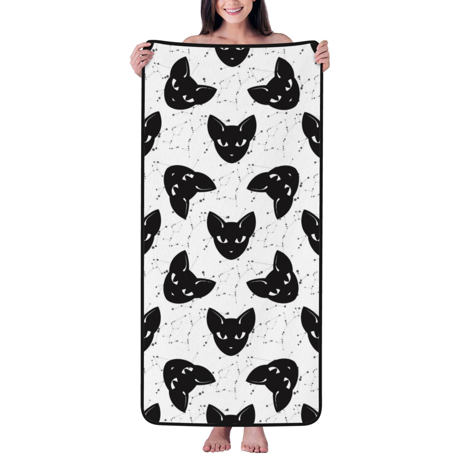 Cotton Bath Towels for Bathroom - Artistic Cat Face Black Microfiber Quick Dry Towels for Body Bath Sheets, Personalized Beach Towel, Soft Shower Towels for Travel Home Beach 27*55in