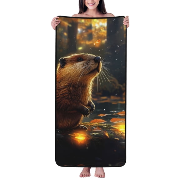 Cotton Bath Towels for Bathroom - Autumn Maple Leaf Riverside Beaver Microfiber Quick Dry Towels for Body Bath Sheets, Personalized Beach Towel, Soft Shower Towels for Travel Home Beach 27*55in
