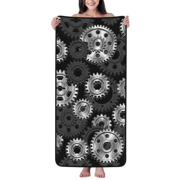 Cotton Bath Towels for Bathroom - Black Metallic Gear Pattern Microfiber Quick Dry Towels for Body Bath Sheets, Personalized Beach Towel, Soft Shower Towels for Travel Home Beach 27*55in