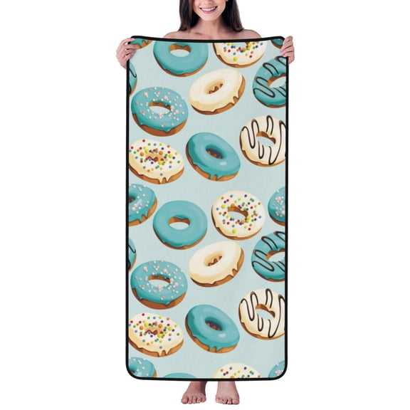 Cotton Bath Towels for Bathroom - Blue White Donut Print Microfiber Quick Dry Towels for Body Bath Sheets, Personalized Beach Towel, Soft Shower Towels for Travel Home Beach 27*55in