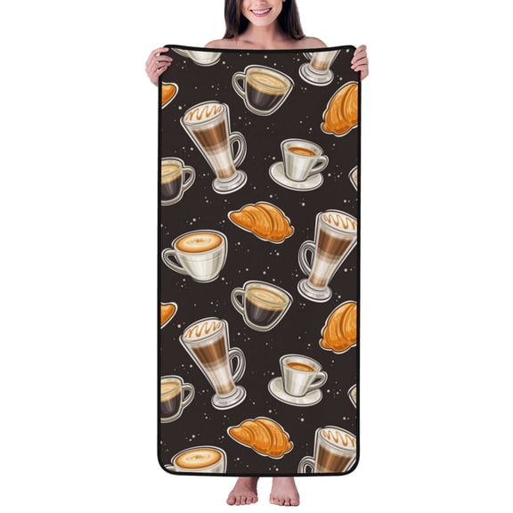 Cotton Bath Towels for Bathroom - Bread & Coffee Print Black Microfiber Quick Dry Towels for Body Bath Sheets, Personalized Beach Towel, Soft Shower Towels for Travel Home Beach 27*55in