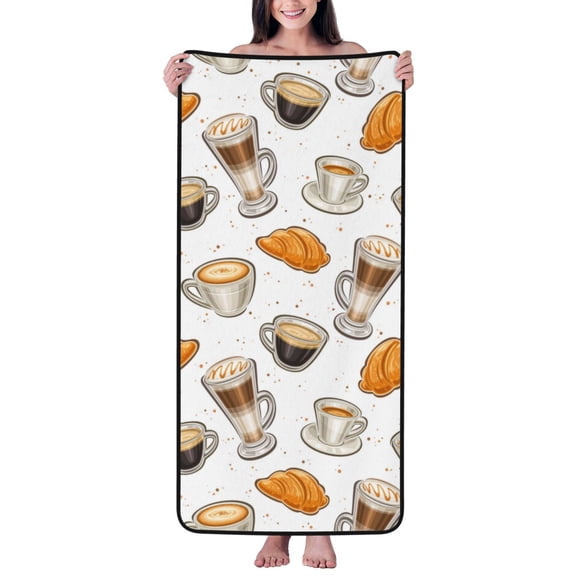 Cotton Bath Towels for Bathroom - Bread Coffee Print White Microfiber Quick Dry Towels for Body Bath Sheets, Personalized Beach Towel, Soft Shower Towels for Travel Home Beach 27*55in