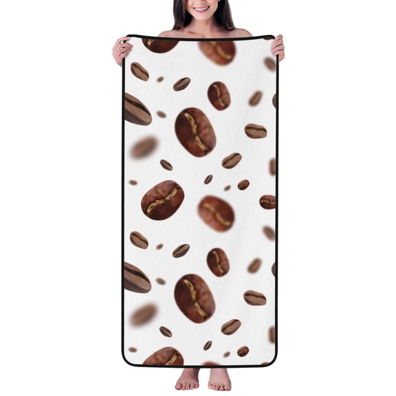 Cotton Bath Towels for Bathroom - Brown Coffee Bean Print White Microfiber Quick Dry Towels for Body Bath Sheets, Personalized Beach Towel, Soft Shower Towels for Travel Home Beach 27*55in