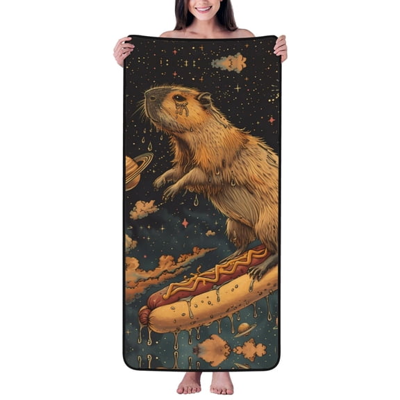 Cotton Bath Towels for Bathroom - Capybara Space Hotdog Ride Microfiber Quick Dry Towels for Body Bath Sheets, Personalized Beach Towel, Soft Shower Towels for Travel Home Beach 27*55in