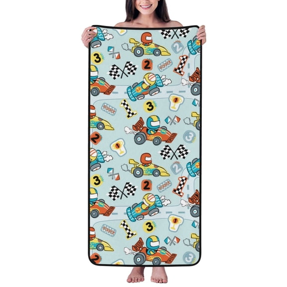 Cotton Bath Towels for Bathroom - Cartoon Car Racing Microfiber Quick Dry Towels for Body Bath Sheets, Personalized Beach Towel, Soft Shower Towels for Travel Home Beach 27*55in