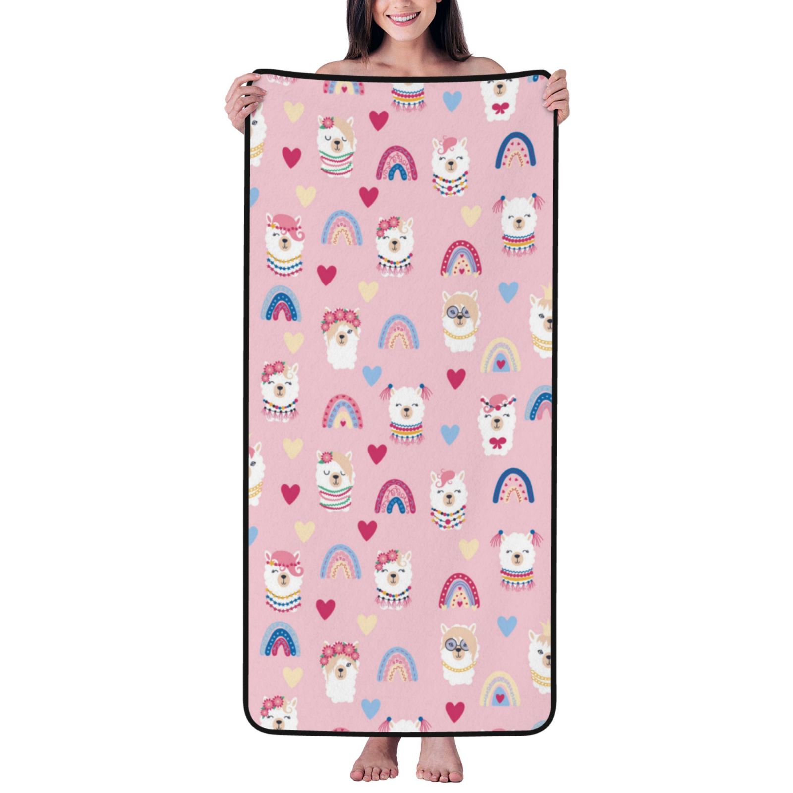 Cotton Bath Towels for Bathroom - Cartoon Cute Alpaca Face Love Microfiber Quick Dry Towels for Body Bath Sheets, Personalized Beach Towel, Soft Shower Towels for Travel Home Beach 27*55in