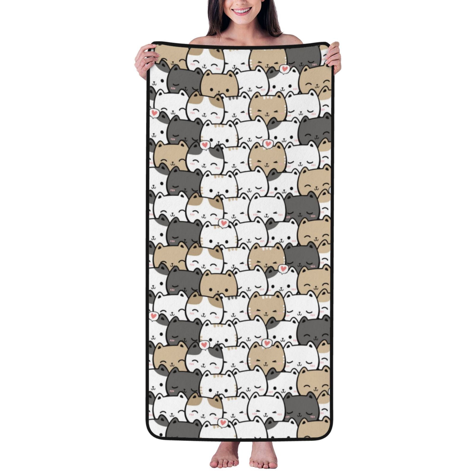 Cotton Bath Towels for Bathroom - Cartoon Cute Cat Face Microfiber Quick Dry Towels for Body Bath Sheets, Personalized Beach Towel, Soft Shower Towels for Travel Home Beach 27*55in