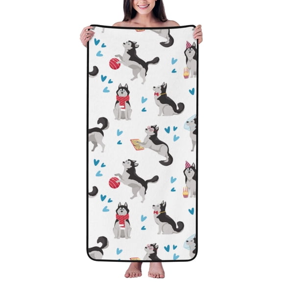 Cotton Bath Towels for Bathroom - Cartoon Cute Husky Dog Funny Microfiber Quick Dry Towels for Body Bath Sheets, Personalized Beach Towel, Soft Shower Towels for Travel Home Beach 27*55in