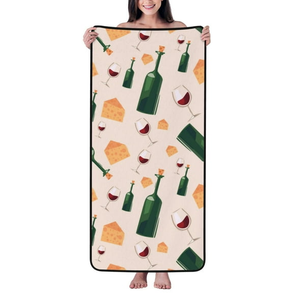 Cotton Bath Towels for Bathroom - Cheese Wine Bottle Print Microfiber Quick Dry Towels for Body Bath Sheets, Personalized Beach Towel, Soft Shower Towels for Travel Home Beach 27*55in