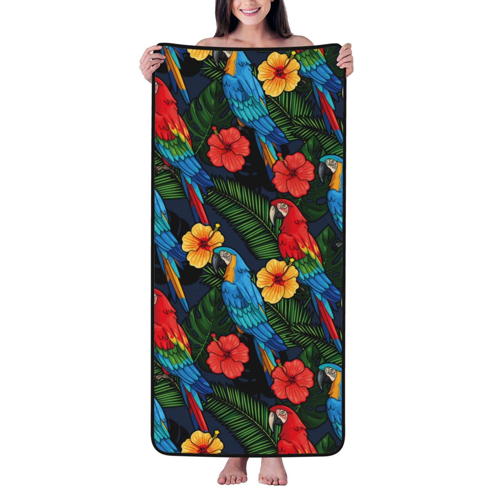 Cotton Bath Towels for Bathroom Colorful Cartoon Parrot Leaves