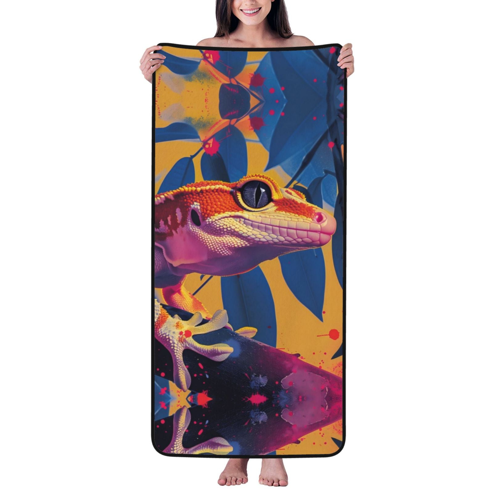 Cotton Bath Towels for Bathroom Colorful Gecko Jungle Art Microfiber