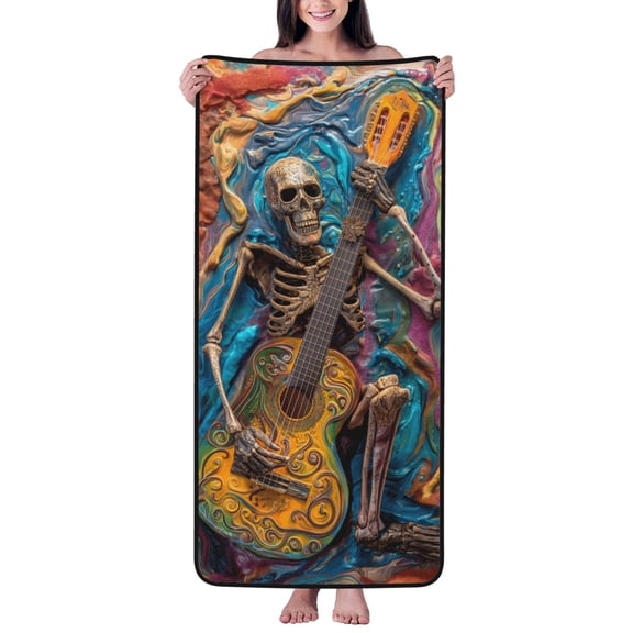 Cotton Bath Towels for Bathroom - Colorful Guitar Skull Microfiber Quick Dry Towels for Body Bath Sheets, Personalized Beach Towel, Soft Shower Towels for Travel Home Beach 27*55in