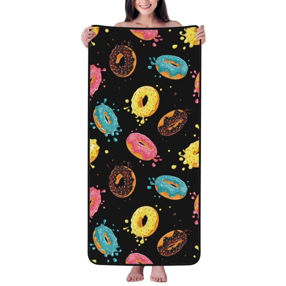 Cotton Bath Towels for Bathroom - Colourful Donut Print Black Microfiber Quick Dry Towels for Body Bath Sheets, Personalized Beach Towel, Soft Shower Towels for Travel Home Beach 27*55in