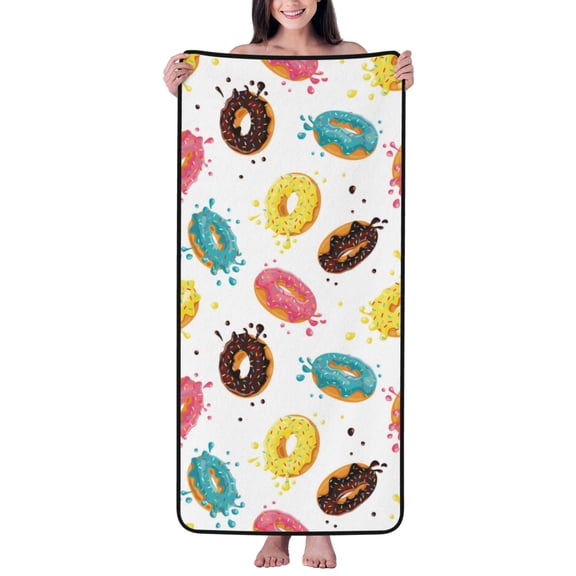 Cotton Bath Towels for Bathroom - Colourful Donut Print White Microfiber Quick Dry Towels for Body Bath Sheets, Personalized Beach Towel, Soft Shower Towels for Travel Home Beach 27*55in