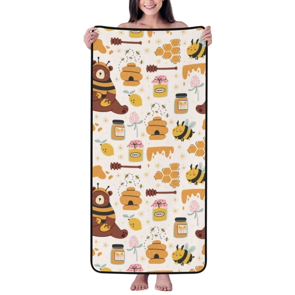 Cotton Bath Towels for Bathroom - Cute Bee Honey Jar Hive Bear Microfiber Quick Dry Towels for Body Bath Sheets, Personalized Beach Towel, Soft Shower Towels for Travel Home Beach 27*55in