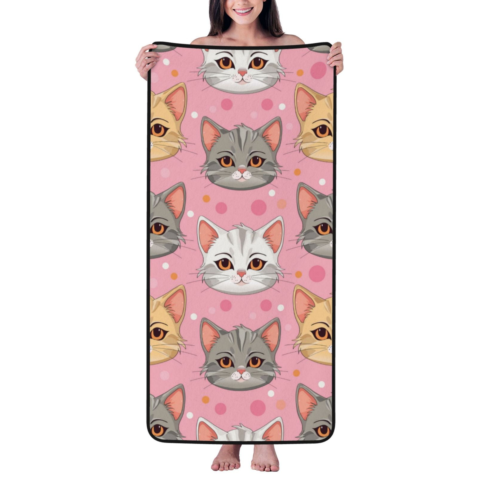 Cotton Bath Towels for Bathroom - Cute Cartoon Cat Face Pink Microfiber Quick Dry Towels for Body Bath Sheets, Personalized Beach Towel, Soft Shower Towels for Travel Home Beach 27*55in