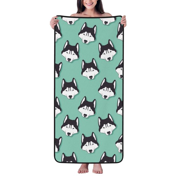 Cotton Bath Towels for Bathroom - Cute Cartoon Husky Funny Green Microfiber Quick Dry Towels for Body Bath Sheets, Personalized Beach Towel, Soft Shower Towels for Travel Home Beach 27*55in