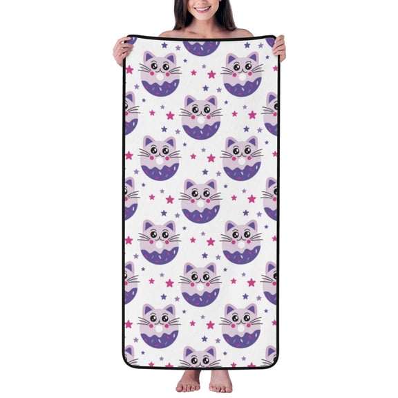 Cotton Bath Towels for Bathroom - Cute Cat Donut Print Purple Microfiber Quick Dry Towels for Body Bath Sheets, Personalized Beach Towel, Soft Shower Towels for Travel Home Beach 27*55in