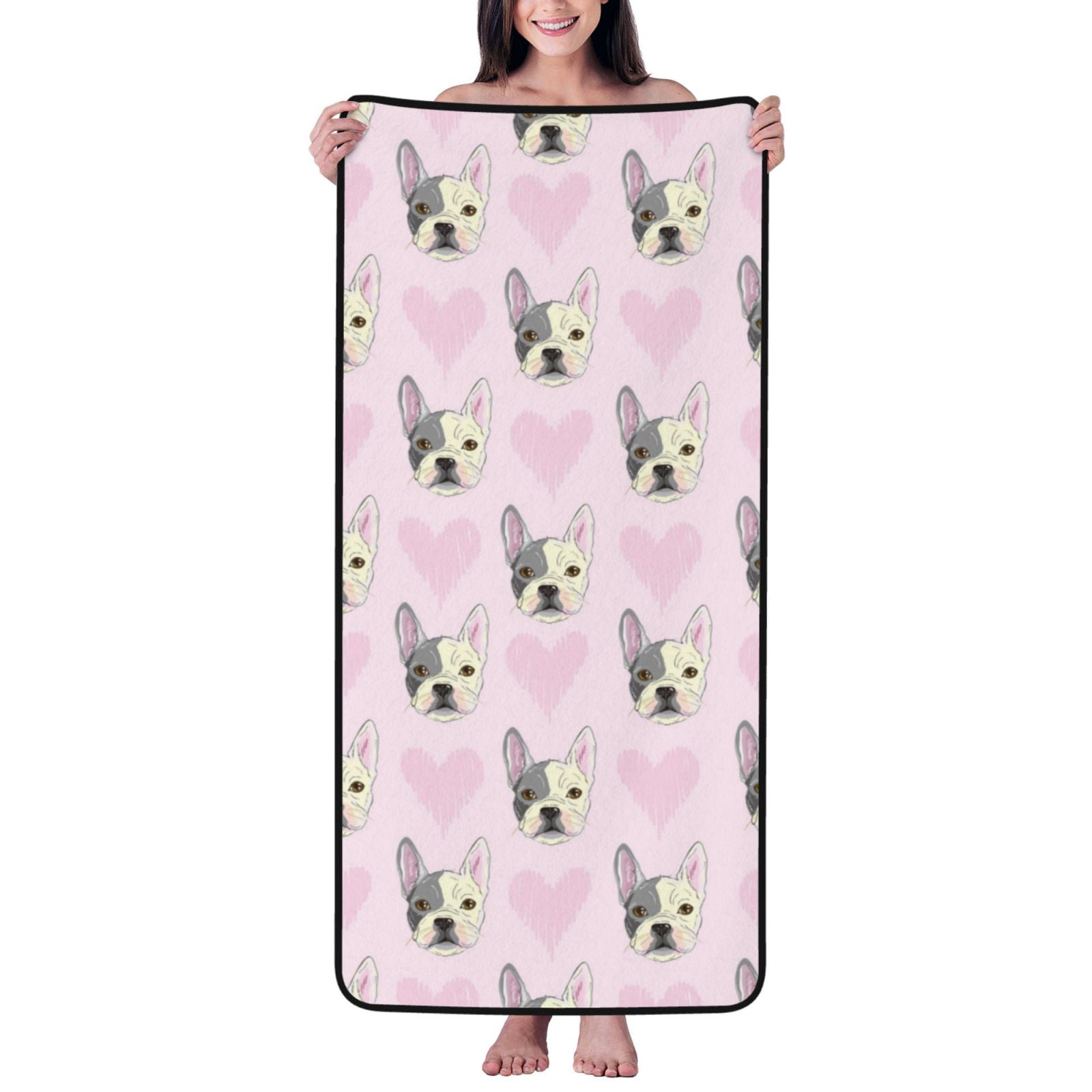 Cotton Bath Towels for Bathroom - Cute French Bulldog Face Love Microfiber Quick Dry Towels for Body Bath Sheets, Personalized Beach Towel, Soft Shower Towels for Travel Home Beach 27*55in