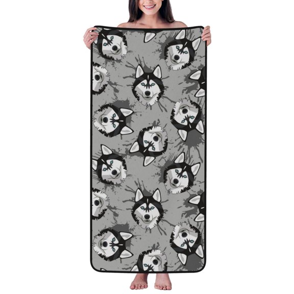 Cotton Bath Towels for Bathroom - Cute Funny Husky Gray Microfiber Quick Dry Towels for Body Bath Sheets, Personalized Beach Towel, Soft Shower Towels for Travel Home Beach 27*55in