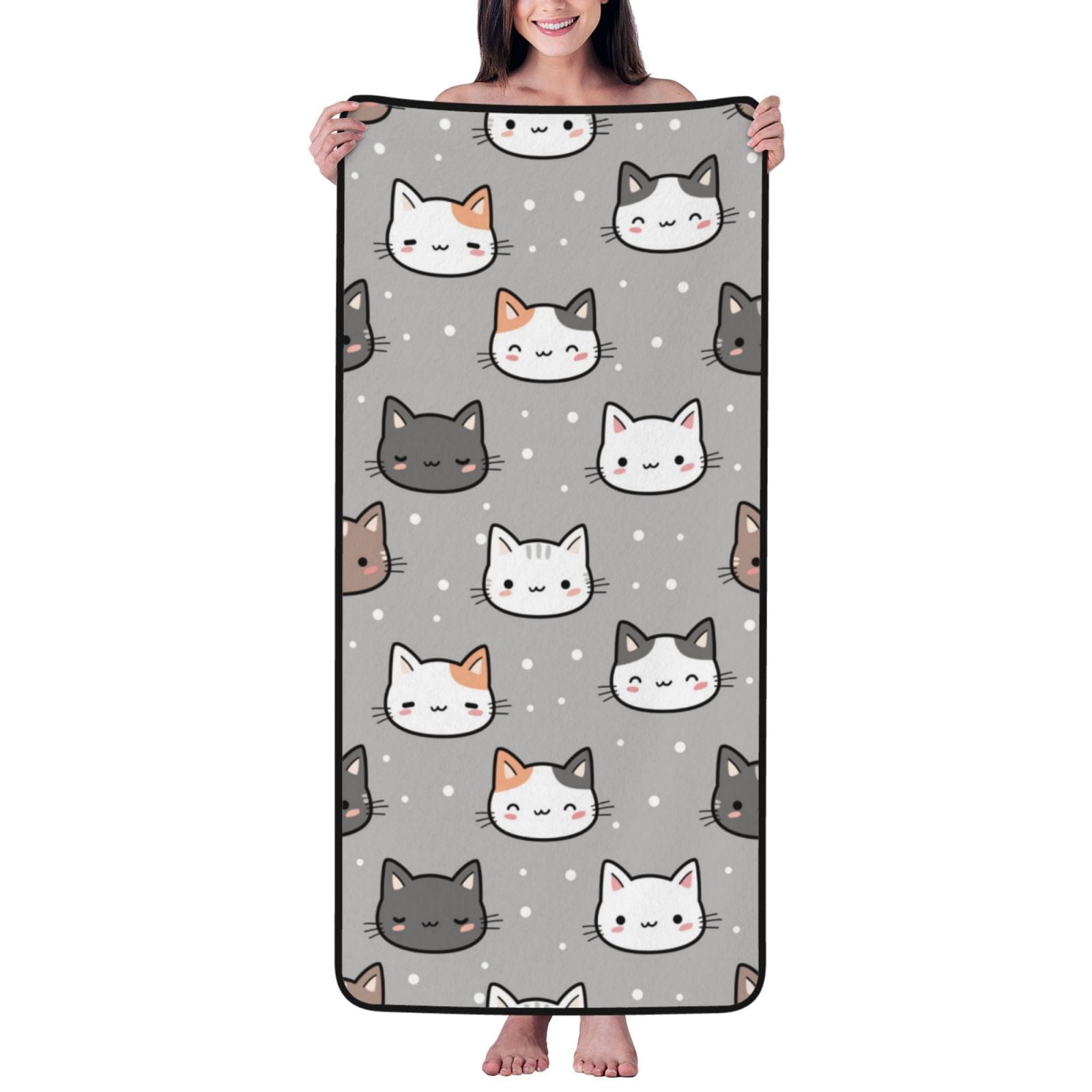 Cotton Bath Towels for Bathroom - Elegant Cartoon Cute Cat Face Microfiber Quick Dry Towels for Body Bath Sheets, Personalized Beach Towel, Soft Shower Towels for Travel Home Beach 27*55in