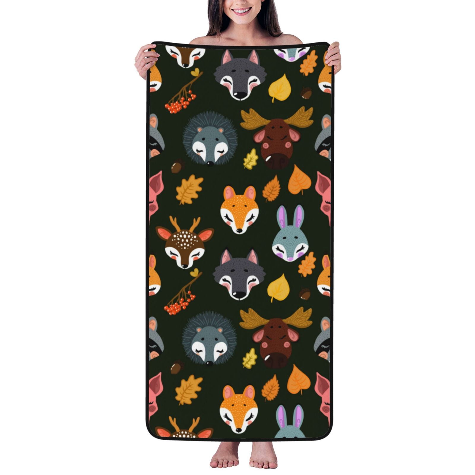 Cotton Bath Towels for Bathroom - Forest Animal Faces Microfiber Quick Dry Towels for Body Bath Sheets, Personalized Beach Towel, Soft Shower Towels for Travel Home Beach 27*55in