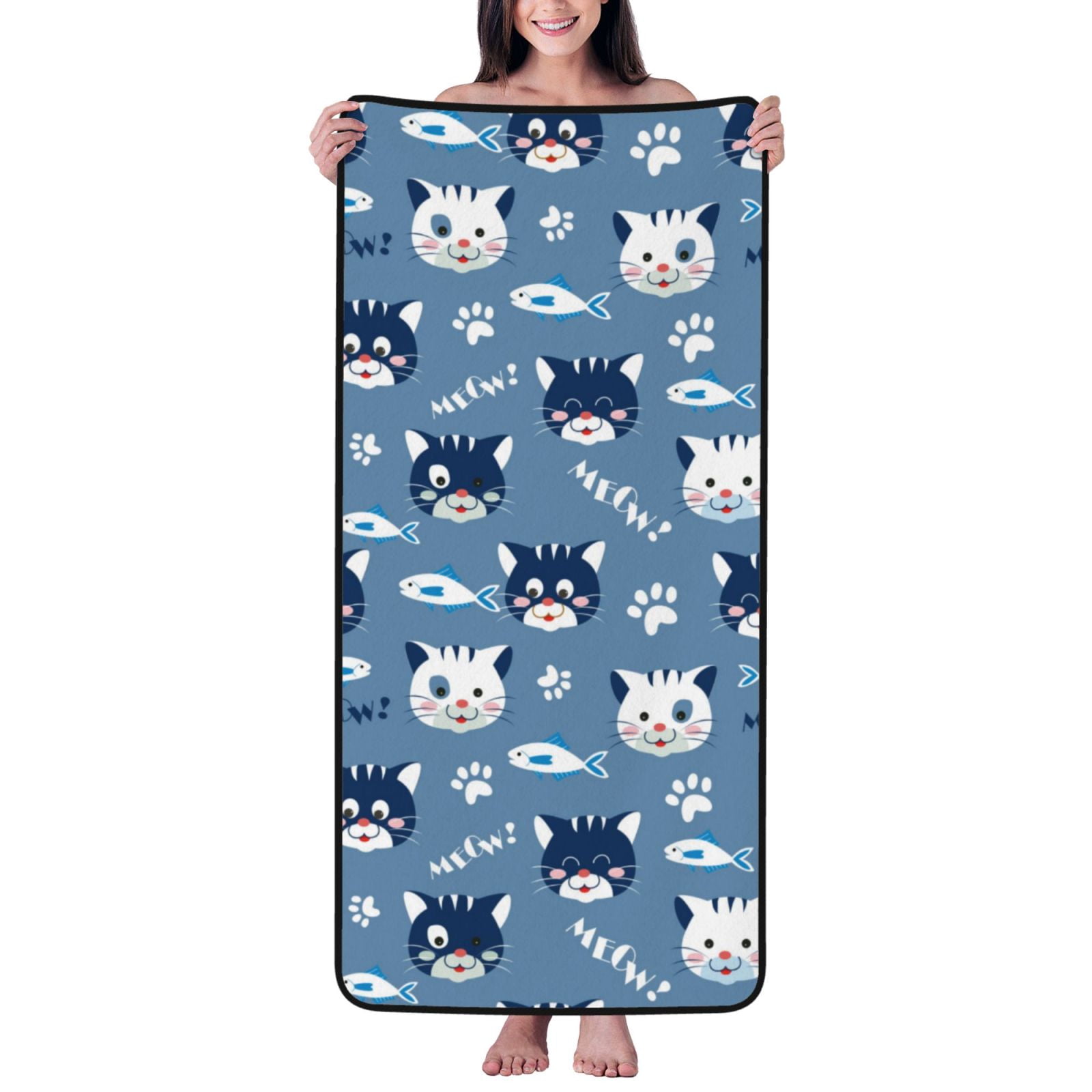 Cotton Bath Towels for Bathroom - Funny Cute Cat Face Fish Microfiber Quick Dry Towels for Body Bath Sheets, Personalized Beach Towel, Soft Shower Towels for Travel Home Beach 27*55in
