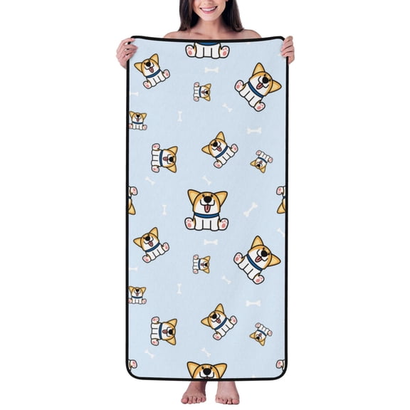 Cotton Bath Towels for Bathroom - Funny Cute Corgi Dog Blue Microfiber Quick Dry Towels for Body Bath Sheets, Personalized Beach Towel, Soft Shower Towels for Travel Home Beach 27*55in