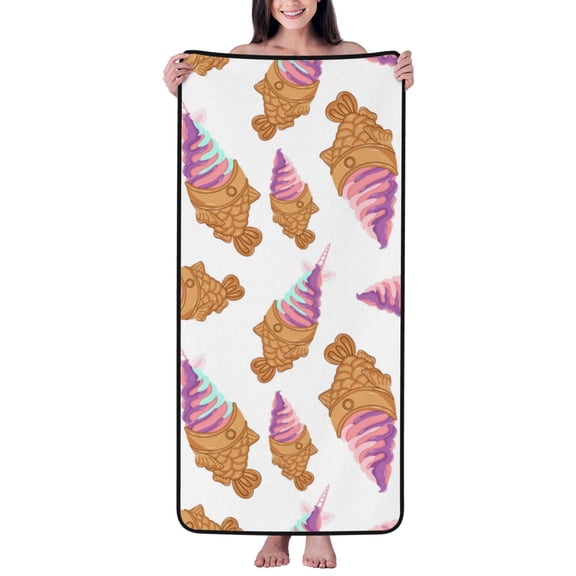 Cotton Bath Towels for Bathroom - Funny Fish Shaped Ice Cream Microfiber Quick Dry Towels for Body Bath Sheets, Personalized Beach Towel, Soft Shower Towels for Travel Home Beach 27*55in
