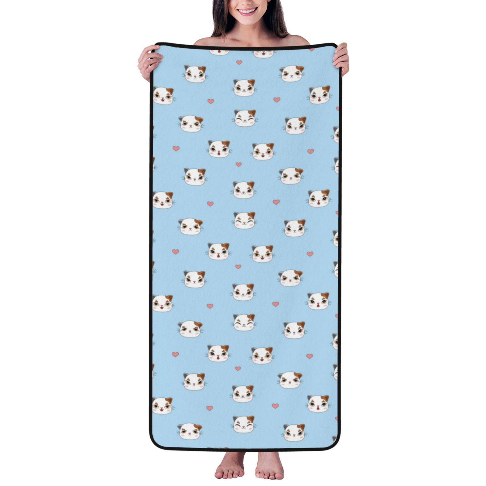 Cotton Bath Towels for Bathroom - Glamorous Cartoon Cute Cat Face Microfiber Quick Dry Towels for Body Bath Sheets, Personalized Beach Towel, Soft Shower Towels for Travel Home Beach 27*55in