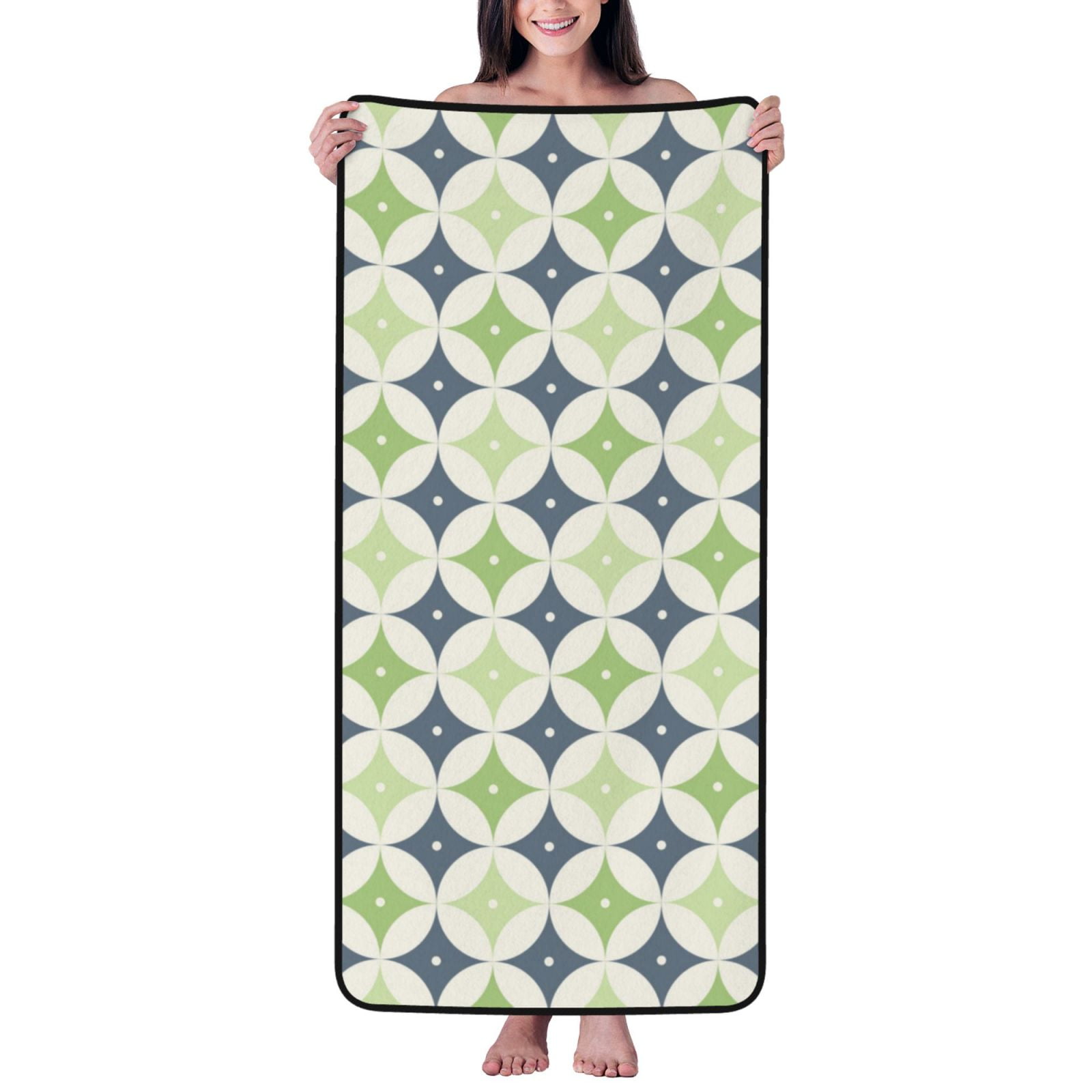 Cotton Bath Towels for Bathroom - Green Gray Geometric Pattern ...
