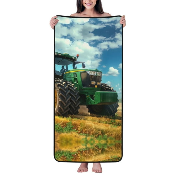 Cotton Bath Towels for Bathroom - Green Tractor Field Microfiber Quick Dry Towels for Body Bath Sheets, Personalized Beach Towel, Soft Shower Towels for Travel Home Beach 27*55in