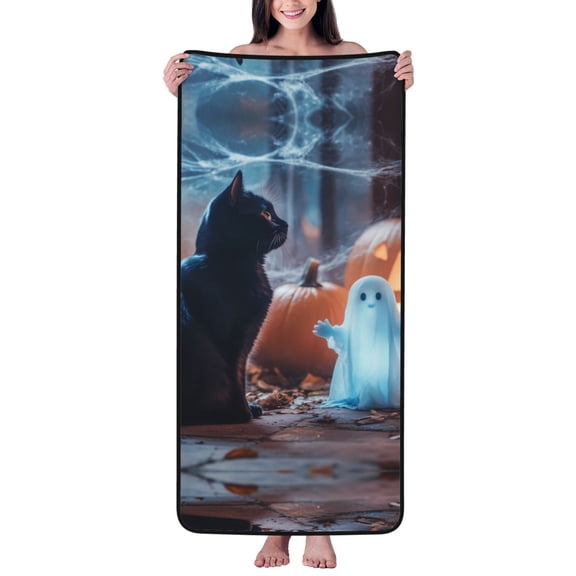 Cotton Bath Towels for Bathroom - Halloween Black Cat Ghost Pumpkin Microfiber Quick Dry Towels for Body Bath Sheets, Personalized Beach Towel, Soft Shower Towels for Travel Home Beach 27*55in