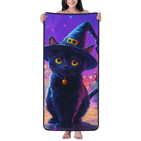 Cotton Bath Towels for Bathroom - Halloween Cute Black Cat Witch Hat Microfiber Quick Dry Towels for Body Bath Sheets, Personalized Beach Towel, Soft Shower Towels for Travel Home Beach 27*55in