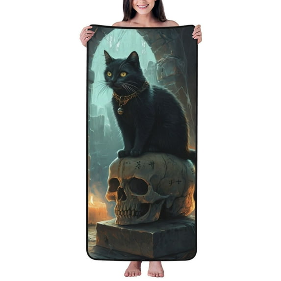 Cotton Bath Towels for Bathroom - Halloween Vintage Black Cat Skull Microfiber Quick Dry Towels for Body Bath Sheets, Personalized Beach Towel, Soft Shower Towels for Travel Home Beach 27*55in