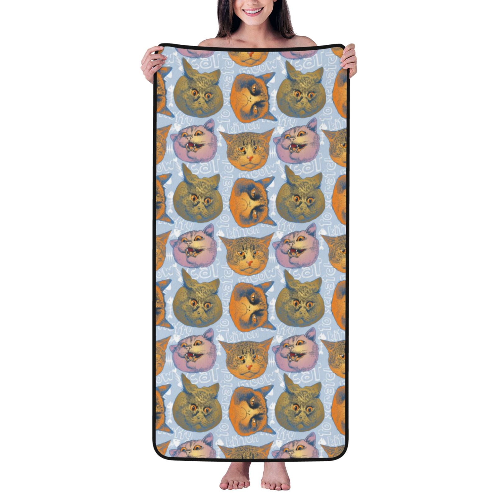 Cotton Bath Towels for Bathroom - Hand Drawn Funny Cat Face Microfiber Quick Dry Towels for Body Bath Sheets, Personalized Beach Towel, Soft Shower Towels for Travel Home Beach 27*55in