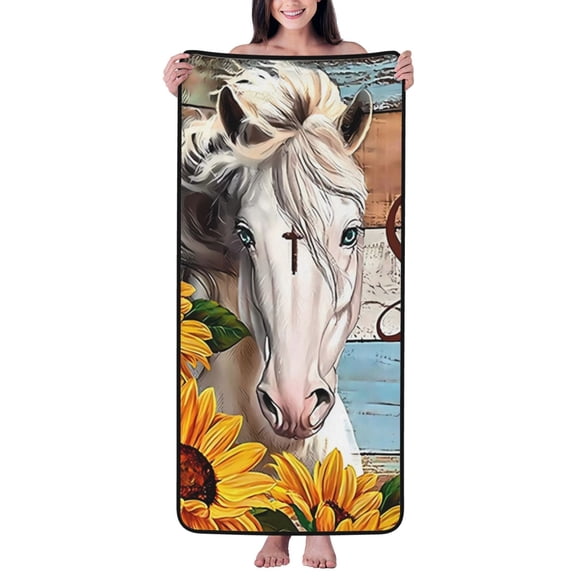 Cotton Bath Towels for Bathroom - Horse Sunflower Microfiber Quick Dry Towels for Body Bath Sheets, Personalized Beach Towel, Soft Shower Towels for Travel Home Beach 27*55in