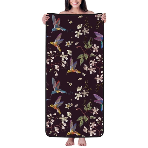 Cotton Bath Towels for Bathroom - Hummingbird Floral Print Black Microfiber Quick Dry Towels for Body Bath Sheets, Personalized Beach Towel, Soft Shower Towels for Travel Home Beach 27*55in