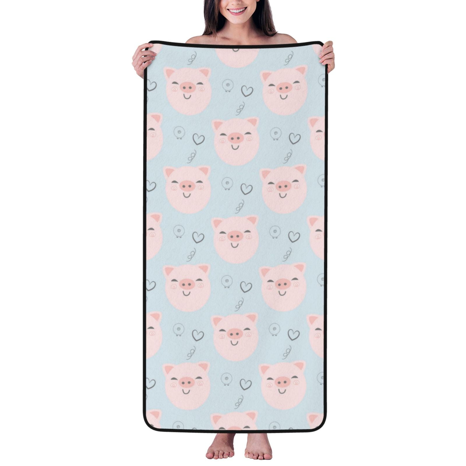 Cotton Bath Towels for Bathroom - Pink Cute Smiling Pig Face Microfiber Quick Dry Towels for Body Bath Sheets, Personalized Beach Towel, Soft Shower Towels for Travel Home Beach 27*55in