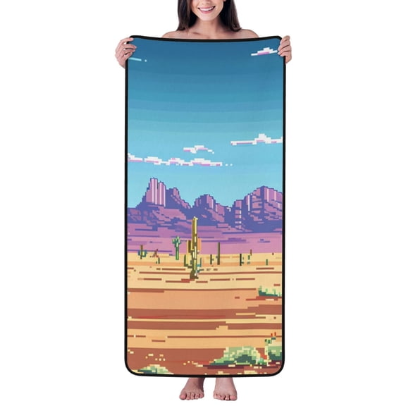 Cotton Bath Towels for Bathroom - Pixel Desert Landscape Microfiber Quick Dry Towels for Body Bath Sheets, Personalized Beach Towel, Soft Shower Towels for Travel Home Beach 27*55in