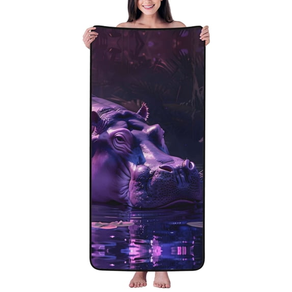 Cotton Bath Towels for Bathroom - Purple Hippo In Water Microfiber Quick Dry Towels for Body Bath Sheets, Personalized Beach Towel, Soft Shower Towels for Travel Home Beach 27*55in
