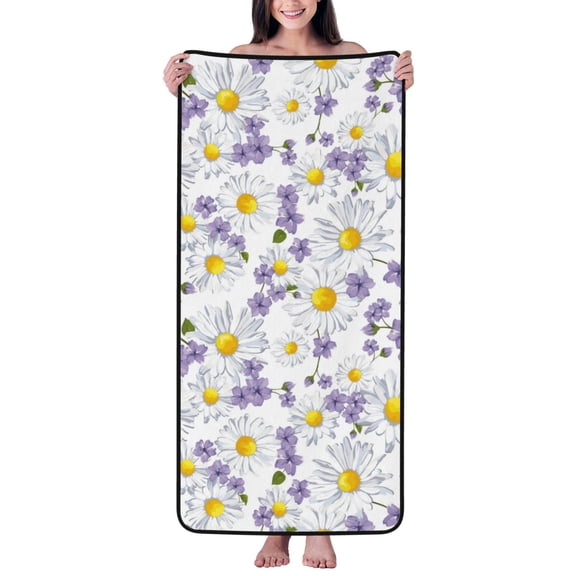 Cotton Bath Towels for Bathroom - Purple White Daisies Flowers Microfiber Quick Dry Towels for Body Bath Sheets, Personalized Beach Towel, Soft Shower Towels for Travel Home Beach 27*55in