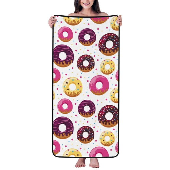 Cotton Bath Towels for Bathroom - Purple Yellow Donut Print Microfiber Quick Dry Towels for Body Bath Sheets, Personalized Beach Towel, Soft Shower Towels for Travel Home Beach 27*55in