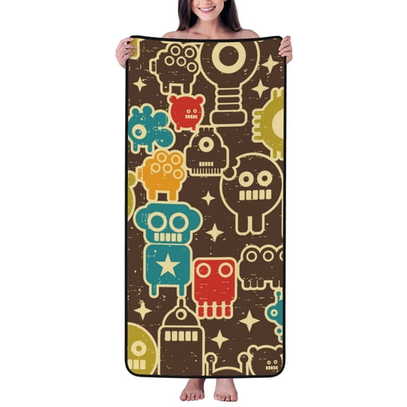 Cotton Bath Towels for Bathroom - Robot and Monsters Microfiber Quick Dry Towels for Body Bath Sheets, Personalized Beach Towel, Soft Shower Towels for Travel Home Beach 27*55in