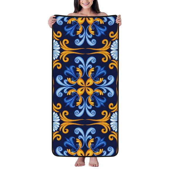Cotton Bath Towels for Bathroom - Sicilian blue pattern Moroccan style Microfiber Quick Dry Towels for Body Bath Sheets, Personalized Beach Towel, Soft Shower Towels for Travel Home Beach 27*55in