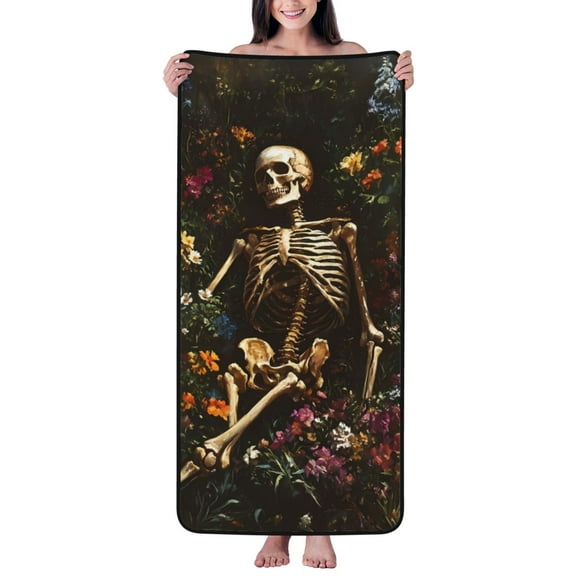 Cotton Bath Towels for Bathroom - Skeleton In Flower Bed Microfiber Quick Dry Towels for Body Bath Sheets, Personalized Beach Towel, Soft Shower Towels for Travel Home Beach 27*55in