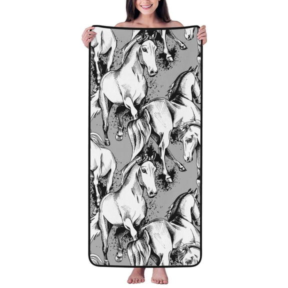Cotton Bath Towels for Bathroom - Sketch Cute Horse Black White Microfiber Quick Dry Towels for Body Bath Sheets, Personalized Beach Towel, Soft Shower Towels for Travel Home Beach 27*55in