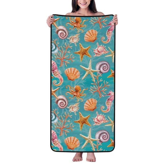 Cotton Bath Towels for Bathroom - Starfish Seahorse Scallops Microfiber Quick Dry Towels for Body Bath Sheets, Personalized Beach Towel, Soft Shower Towels for Travel Home Beach 27*55in