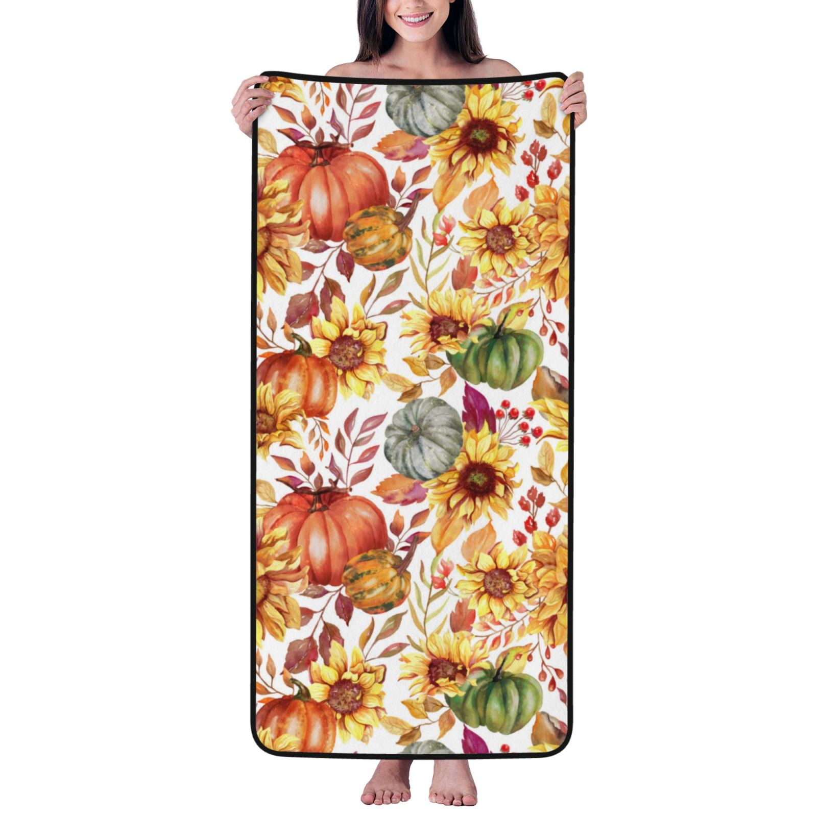 Cotton Bath Towels for Bathroom Sunflowers Pumpkins And Autumn Leaves