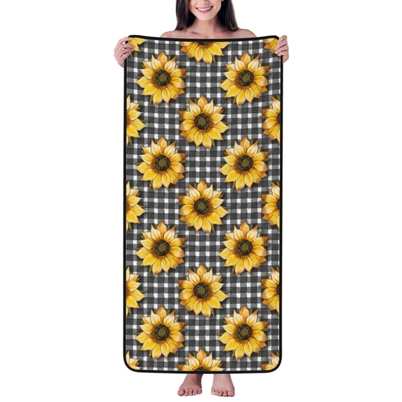 Cotton Bath Towels for Bathroom - Sunflowers checkered grey white Microfiber Quick Dry Towels for Body Bath Sheets, Personalized Beach Towel, Soft Shower Towels for Travel Home Beach 27*55in